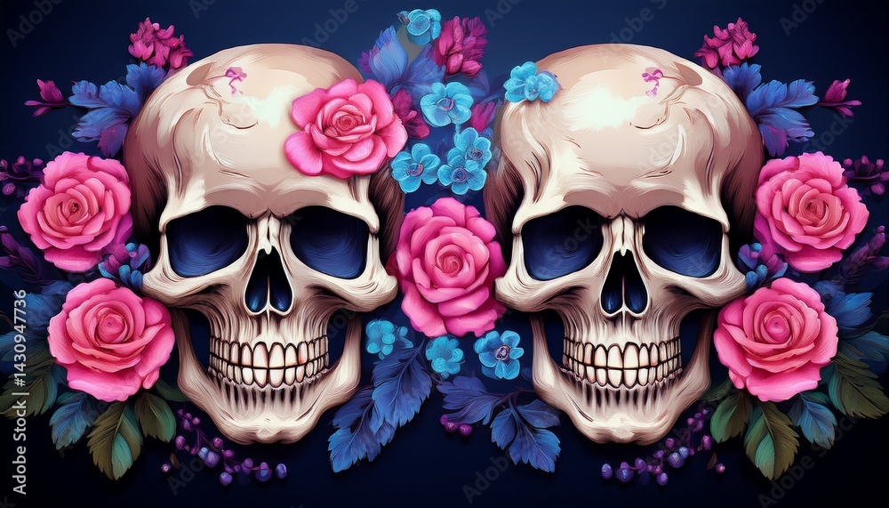 Fototapeta premium Two Skulls with Pink Roses and Blue Floral Pixel Art