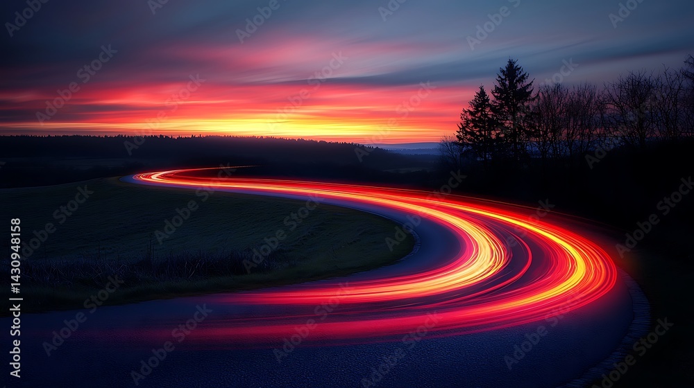 Fototapeta premium Winding road at sunset, car light trails
