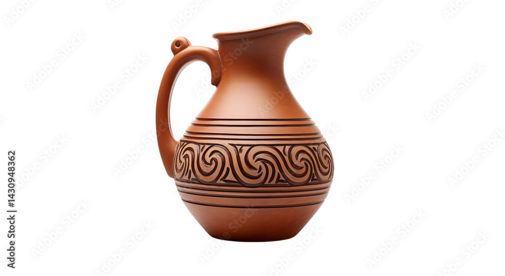 A terracotta jug with handle and spout featuring decorative swirl patterns against transparent background png A terracotta jug with handle and spout featuring decorative swirl patterns against transparent background png