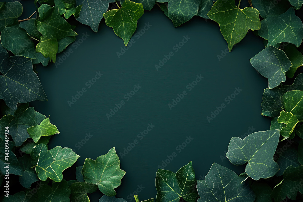 Fototapeta premium A close-up shot of vibrant ivy leaves forming a natural frame around a dark background, emphasizing the texture and color of the leaves. The green tones create a calm and serene atmosphere.