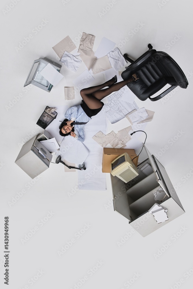 Naklejka premium Photo upside down. Young businesswoman lying on office floor talking on phone surrounded by scattered documents and messy furniture. Concept of office lifestyle, human emotions, business