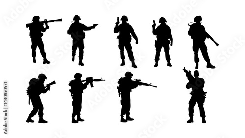 silhouettes of soldiers in combat stances holding weapons, ideal for military-themed designs, posters, and digital artwork
