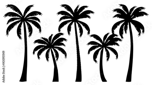 silhouettes of palm trees with varied shapes and curved trunks for tropical-themed designs, posters, digital artwork, and creative projects
