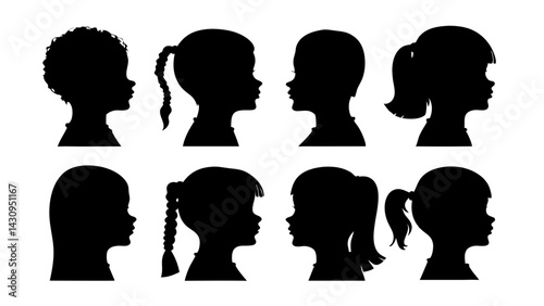 silhouettes of children's profiles with varied hairstyles, ideal for educational materials, branding, posters, digital designs, and creative projects
