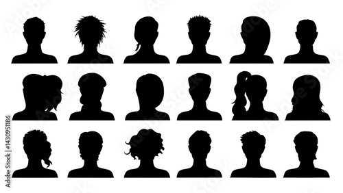 silhouettes of eighteen human profiles with unique hairstyles and head shapes, ideal for branding, educational materials, posters, digital designs, and creative illustrations
