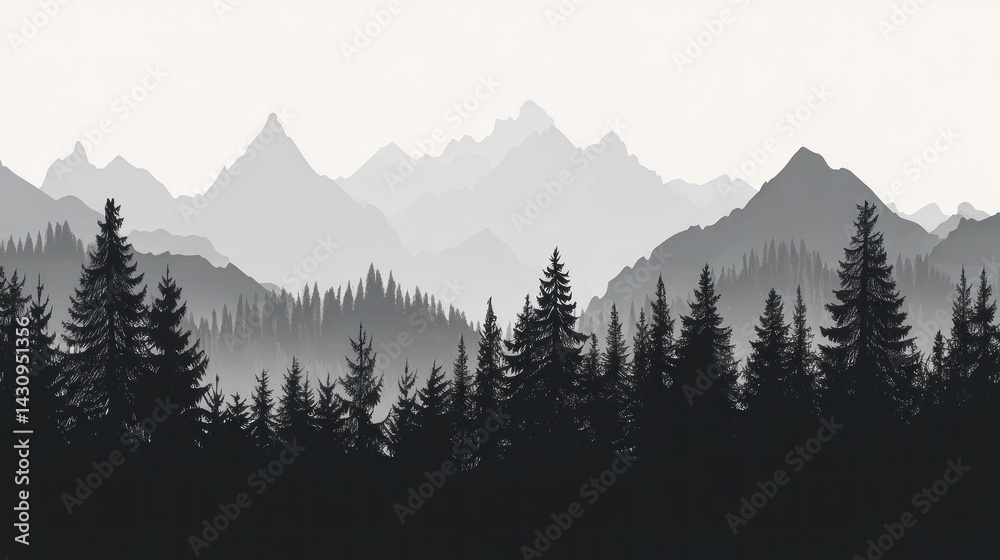 Obraz premium Misty mountain range, forest silhouette