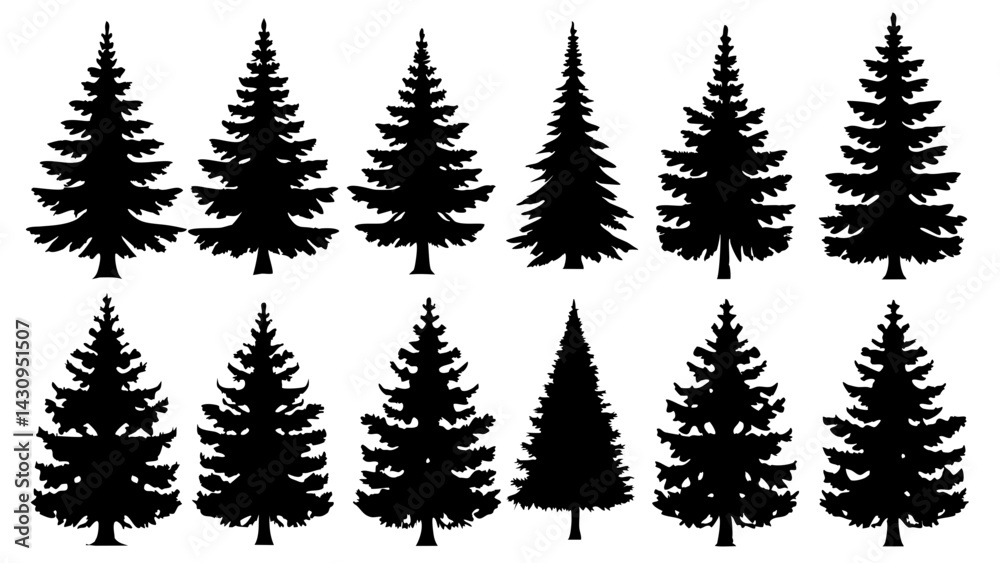 silhouettes of diverse evergreen trees with unique shapes and branches for nature-inspired designs, digital art, posters, and educational materials
silhouettes of diverse evergreen trees with unique shapes and branches for nature-inspired designs, digital art, posters, and educational materials