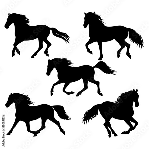 silhouettes of galloping horses in dynamic poses, ideal for branding, animal-themed designs, posters, digital artwork, and creative projects
