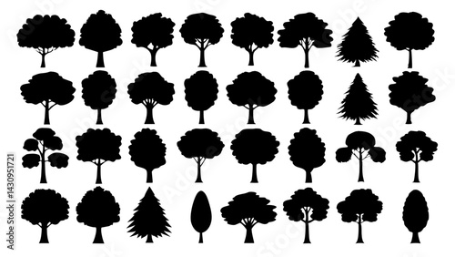 a collection of tree silhouettes in varied shapes for use in nature-themed designs, posters, educational projects, and creative artwork
