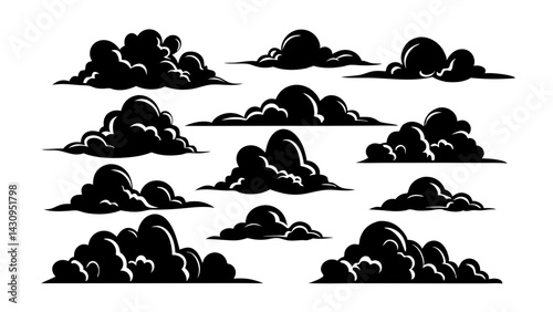 Silhouette of various cloud formations, abstract weather and sky concept, black and white vector illustration
