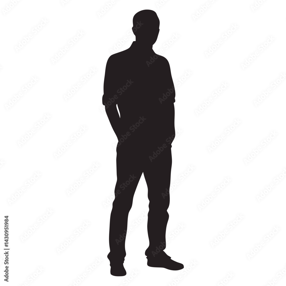 Silhouette of a standing person with hands in pockets, relaxed posture concept, black and white vector illustration
Silhouette of a standing person with hands in pockets, relaxed posture concept, black and white vector illustration