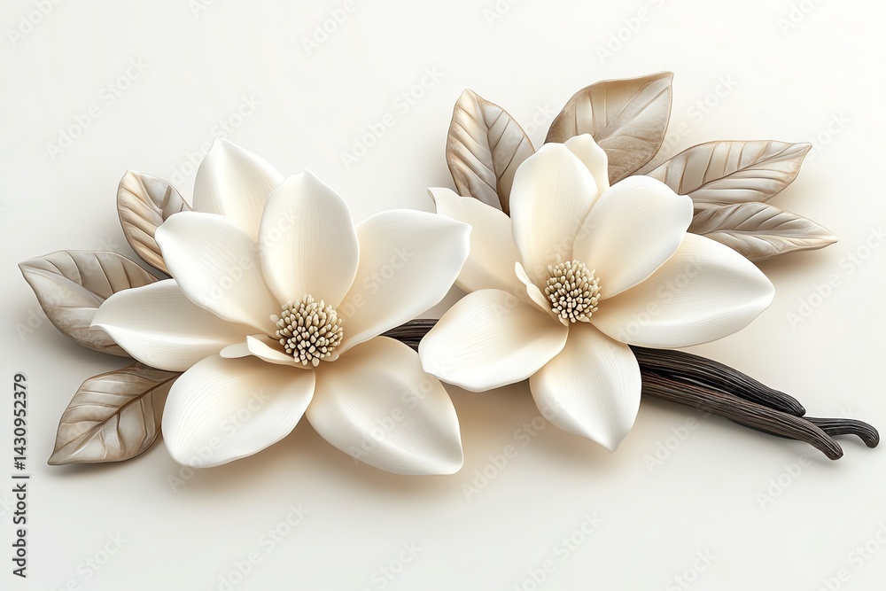 Fototapeta premium Elegant White Magnolia Flowers with Vanilla Beans on a Soft Background