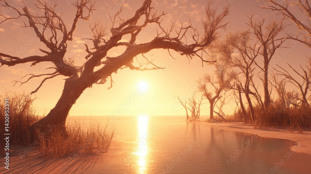Sunset Serenity: Barren Trees Frame Golden River at Dusk Sunset Serenity: Barren Trees Frame Golden River at Dusk