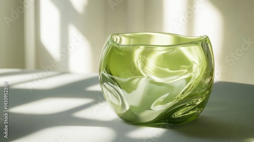 Elegant Green Glass Bowl with Swirling Patterns in Bright Light