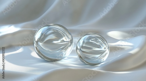 Two Transparent Spheres on Soft White Fabric with Gentle Lighting