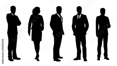 silhouette of business professionals standing in a row, corporate teamwork concept, leadership and unity abstract, black and white vector illustration
