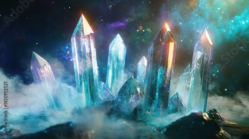 Shimmering Crystals in Cosmic Nebula with Mystical Light Effects