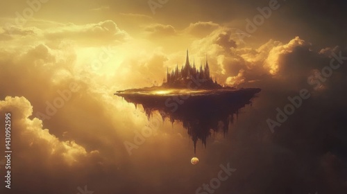 Majestic Floating Castle Surrounded by Dramatic Golden Clouds