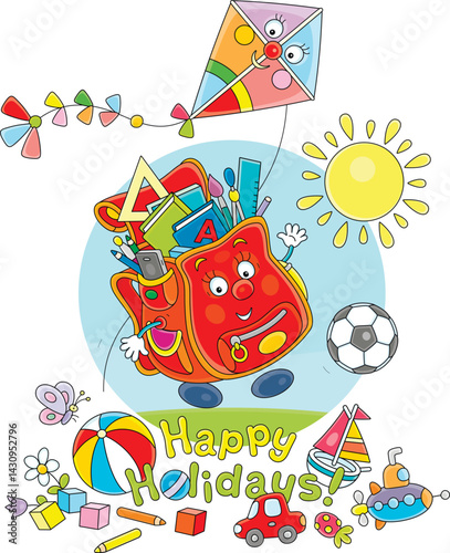 Greeting card with a funny cartoony schoolbag surrounded by toys for summer holidays on the last day of school, vector cartoon illustration on white