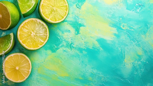 Fresh Citrus Fruits on Vibrant Teal Textured Surface Background