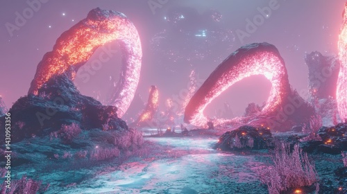 Ethereal Landscape with Glowing Rock Formations and Mystic Lights
