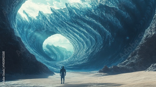 Surreal Beach Scene with Giant Waves and a Solitary Figure in Awe