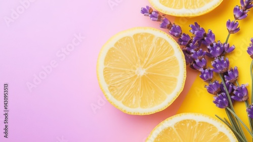 Fresh Lemon Slices with Purple Lavender on Colorful Background