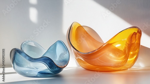 Elegant Glass Bowls in Soft Blue and Warm Orange on Table