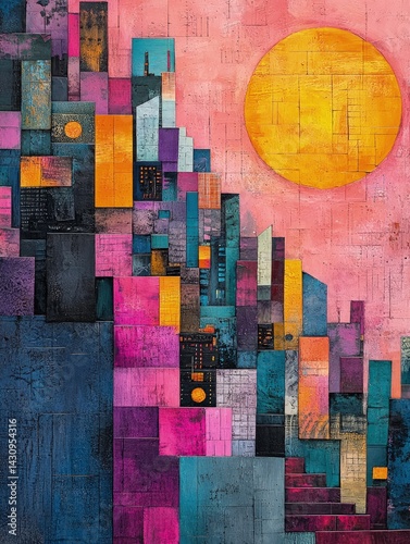 Abstract painting with geometric shapes featuring a yellow circle against a pink background.