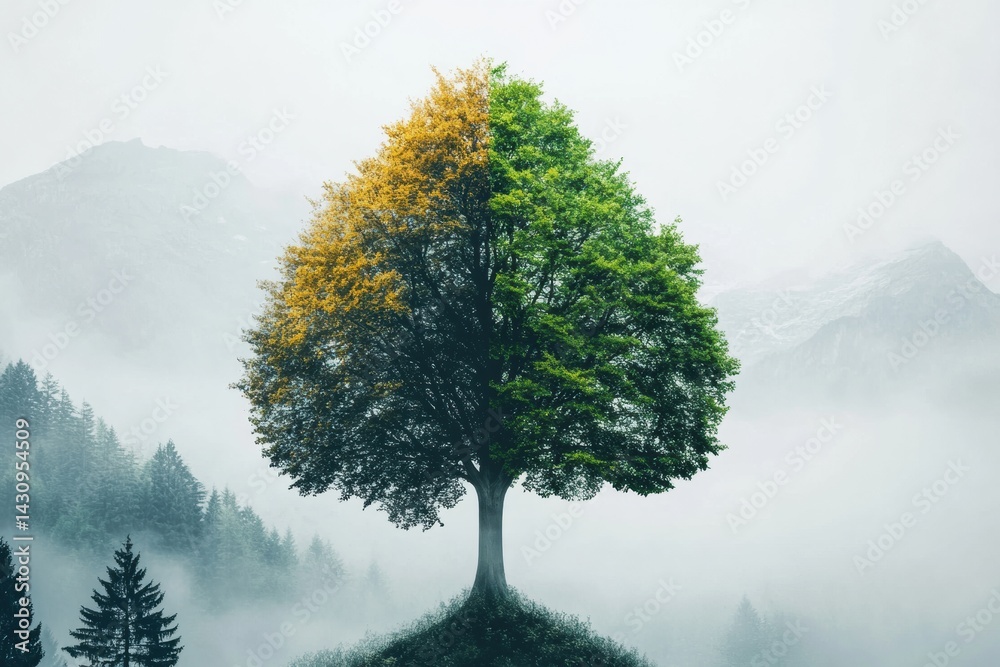 Creative Tree Merging Into Mountains and Misty Woods Expressing Harmony With Nature Generative AI