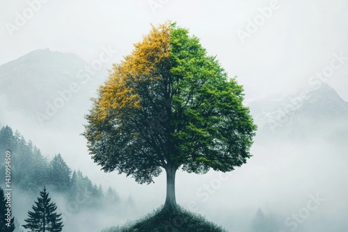 Creative Tree Merging Into Mountains and Misty Woods Expressing Harmony With Nature Generative AI