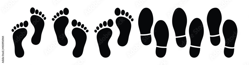 Set of Barefoot and Shoe Footprint Silhouettes Set of Barefoot and Shoe Footprint Silhouettes