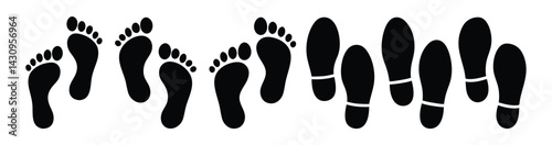 Set of Barefoot and Shoe Footprint Silhouettes