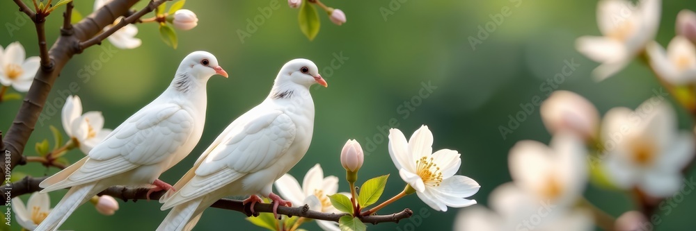 Obraz premium Elegant white doves perched among delicate blossoms in a garden setting, doves, blossoms, wildlife