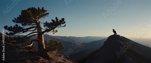 Falcon perched on windswept mountain stalwart pine with broad valleys stretched under a clear sky