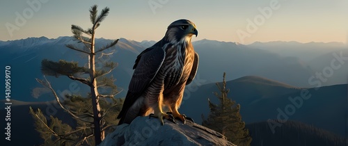 Falcon perched on windswept mountain stalwart pine with broad valleys stretched under a clear sky