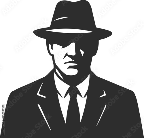 A stern man in a tuxedo and hat, a black silhouette icon, a man in a hat and tuxedo, a mafia man.