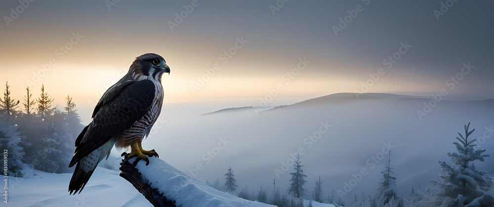 Fototapeta premium Falcon perched on snow frosted pine branch watching wide valleys wrapped in early morning mist