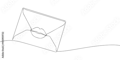 Minimalist continuous line art of an envelope with lips symbolizing a kiss, representing love, romance, or affectionate message.