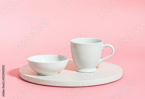 Wallpaper Mural Empty bowl and cup on split pink beige background Minimalist aesthetic, monochrome, contrast Torontodigital.ca