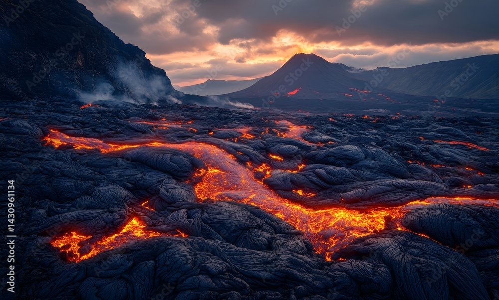 Fototapeta premium The lava flows down the valley, creating an endless stream of glowing red lights on the rocks and soil. The picture is a long-distance view with high resolution and bright colors. 
