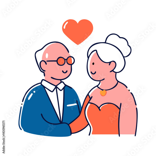  A simple, colorful illustration of an elderly couple. The man is wearing glasses and a blue suit, while the woman is wearing an orange dress and a necklace. They are holding hands, with a large red h