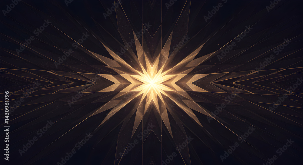 Fototapeta premium Golden Light Burst With Symmetric Geometric Patterns On Dark Background