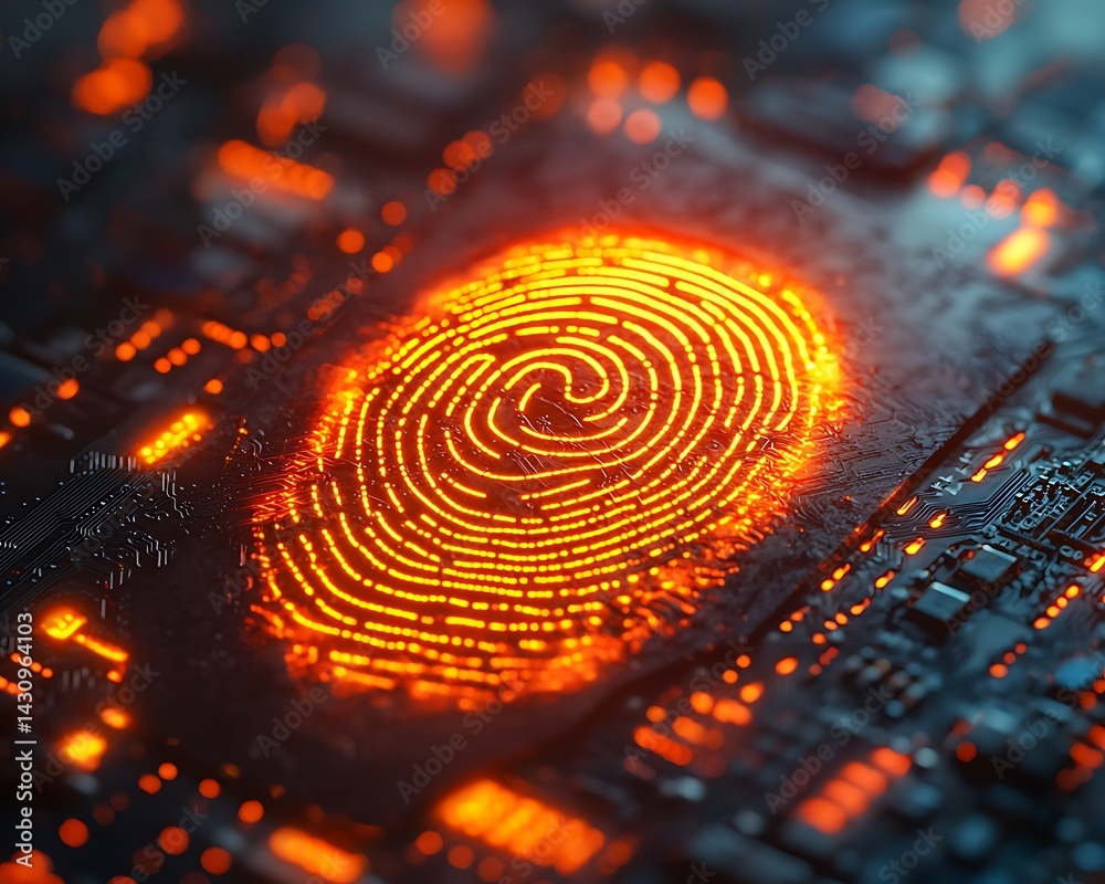 Fingerprint on a circuit board, glowing orange Fingerprint on a circuit board, glowing orange