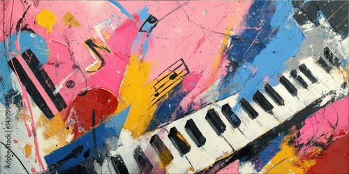 A colorful painting of a piano with notes and keys
