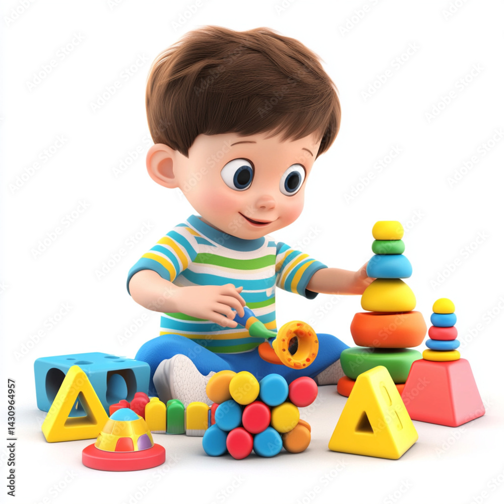 Obraz premium A young boy is deeply engaged in playing with colorful shapes and stacking rings, fostering creativity and development.