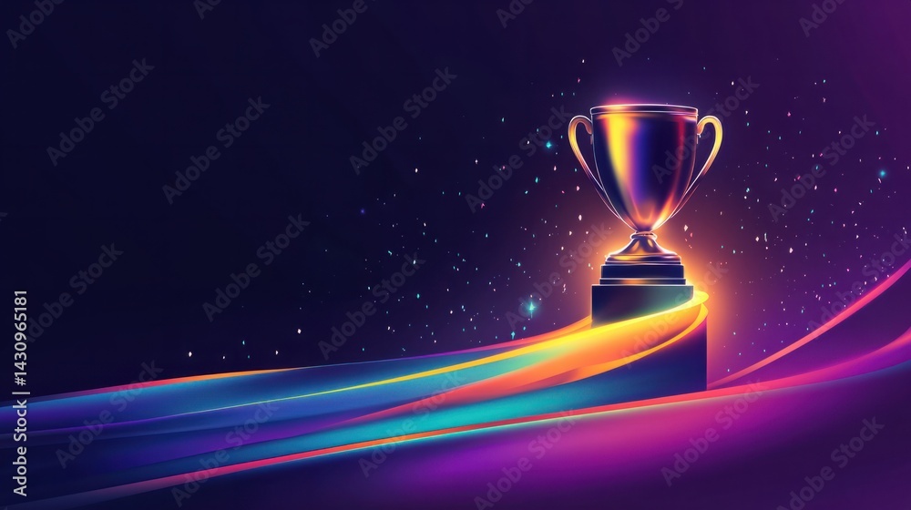 Glowing Trophy with Colorful Light Waves on a Dark Background Glowing Trophy with Colorful Light Waves on a Dark Background