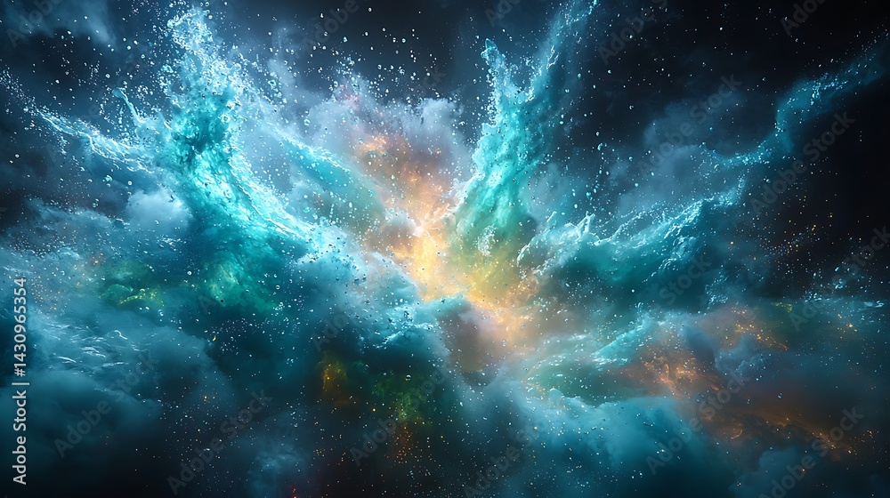 A liquid explosion with vibrant blue and green splashes high-speed motion capture effect A liquid explosion with vibrant blue and green splashes high-speed motion capture effect