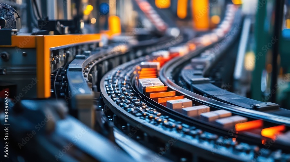 Naklejka premium Automated conveyor system carrying packaged goods in a modern factory.