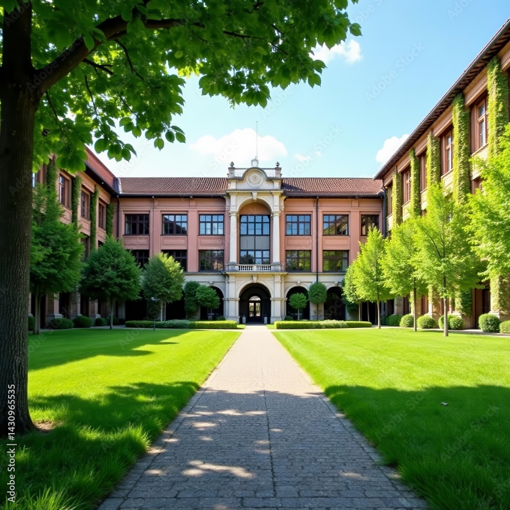 Exterior of Bocconi University in Milano with green campus, buildings, greenery, education